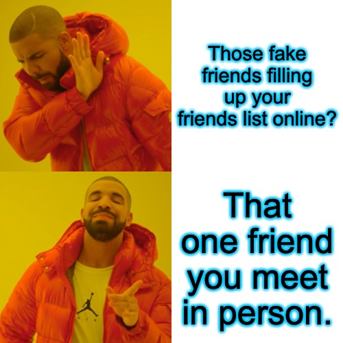 Friend in Person | Those fake friends filling up your friends list online? That one friend you meet in person. | image tagged in memes,drake hotline bling | made w/ Imgflip meme maker