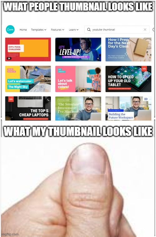 What thumbnails look like | WHAT PEOPLE THUMBNAIL LOOKS LIKE; WHAT MY THUMBNAIL LOOKS LIKE | image tagged in thumbnail,thumb,nail | made w/ Imgflip meme maker
