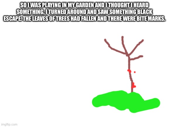I saw this on my yard I don't have the pic I am scared | SO I WAS PLAYING IN MY GARDEN AND I THOUGHT I HEARD SOMETHING. I TURNED AROUND AND SAW SOMETHING BLACK ESCAPE. THE LEAVES OF TREES HAD FALLEN AND THERE WERE BITE MARKS. | image tagged in blank white template | made w/ Imgflip meme maker