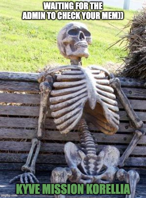 Waiting Skeleton | WAITING FOR THE ADMIN TO CHECK YOUR MEM)); KYVE MISSION KORELLIA | image tagged in memes,waiting skeleton | made w/ Imgflip meme maker