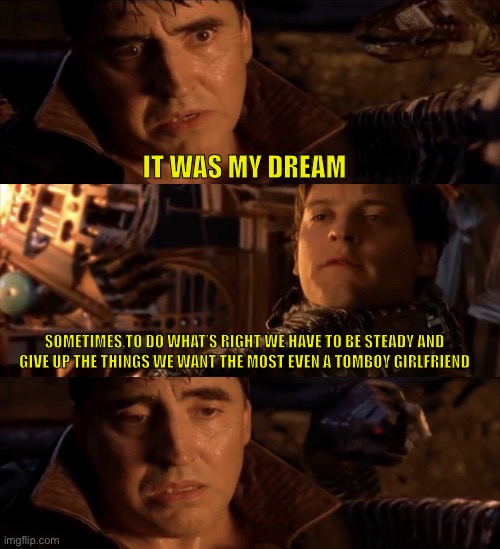 IT WAS MY DREAM; SOMETIMES,TO DO WHAT’S RIGHT WE HAVE TO BE STEADY AND GIVE UP THE THINGS WE WANT THE MOST EVEN A TOMBOY GIRLFRIEND | image tagged in give up the things we want the most even our dreams,tomboy girlfriend | made w/ Imgflip meme maker