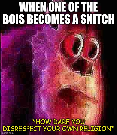 sullivian got shocked | WHEN ONE OF THE BOIS BECOMES A SNITCH; *HOW DARE YOU DISRESPECT YOUR OWN RELIGION* | image tagged in sullivian got shocked | made w/ Imgflip meme maker