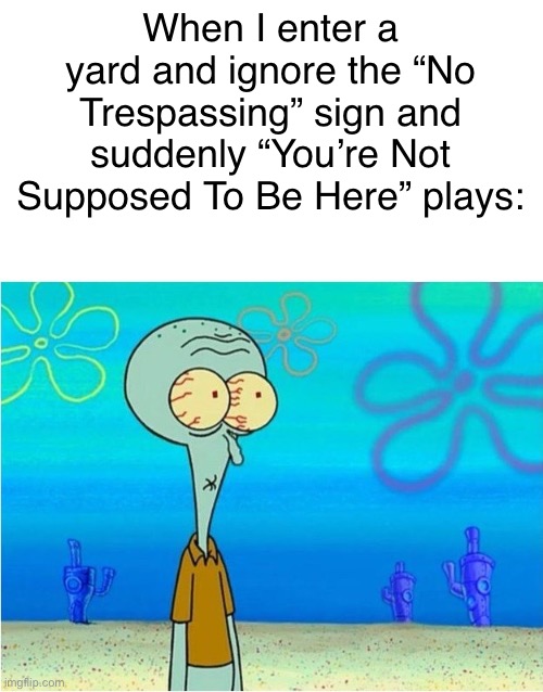 Shit | When I enter a yard and ignore the “No Trespassing” sign and suddenly “You’re Not Supposed To Be Here” plays: | image tagged in squidward scared | made w/ Imgflip meme maker