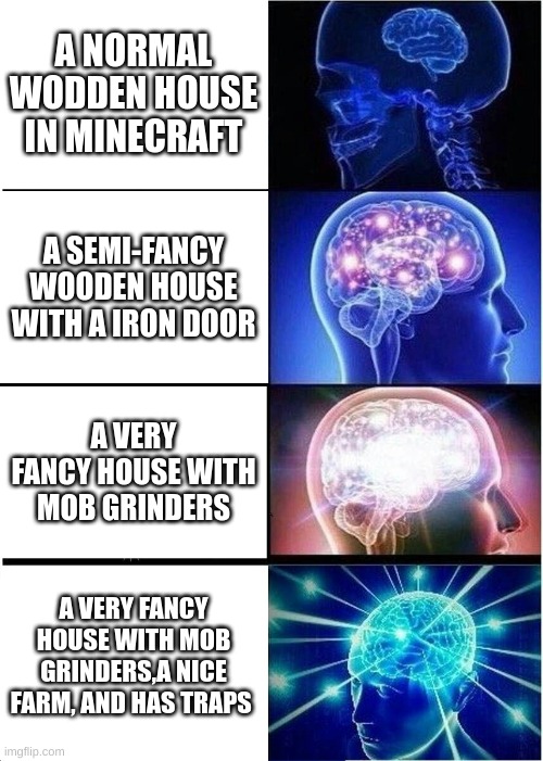 VeRy fAnCy HoUsE | A NORMAL WODDEN HOUSE IN MINECRAFT; A SEMI-FANCY WOODEN HOUSE WITH A IRON DOOR; A VERY FANCY HOUSE WITH MOB GRINDERS; A VERY FANCY HOUSE WITH MOB GRINDERS,A NICE FARM, AND HAS TRAPS | image tagged in memes,expanding brain | made w/ Imgflip meme maker