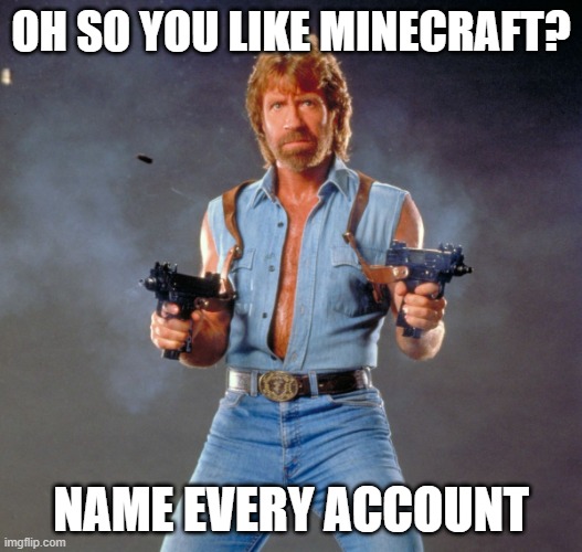 This is hard | OH SO YOU LIKE MINECRAFT? NAME EVERY ACCOUNT | image tagged in memes,chuck norris guns,chuck norris,minecraft,oh so you like x name every y,challenge | made w/ Imgflip meme maker