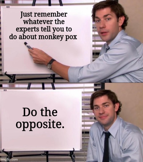 Just remember. | Just remember whatever the experts tell you to do about monkey pox; Do the opposite. | image tagged in jim halpert explains | made w/ Imgflip meme maker