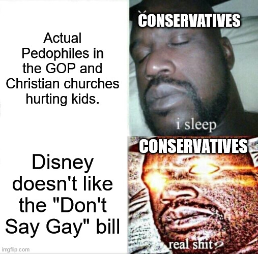 Sleeping Shaq | Actual Pedophiles in the GOP and Christian churches hurting kids. CONSERVATIVES; CONSERVATIVES; Disney doesn't like the "Don't Say Gay" bill | image tagged in memes,sleeping shaq | made w/ Imgflip meme maker