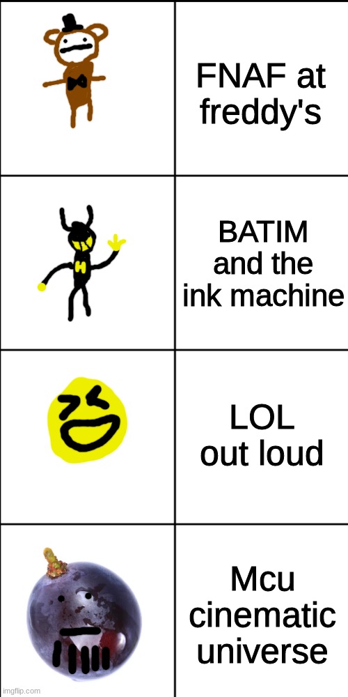 Blank 8 square panel template |  FNAF at freddy's; BATIM and the ink machine; LOL out loud; Mcu cinematic universe | image tagged in comics/cartoons,bendy and the ink machine,fnaf,five nights at freddys,lol,marvel civil war 1 | made w/ Imgflip meme maker