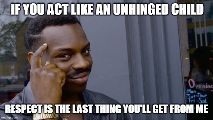 Roll Safe Think About It | IF YOU ACT LIKE AN UNHINGED CHILD; RESPECT IS THE LAST THING YOU'LL GET FROM ME | image tagged in memes,roll safe think about it | made w/ Imgflip meme maker