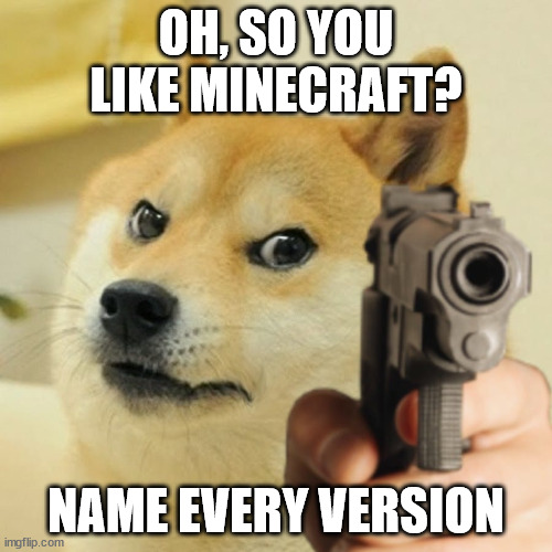 bet y'all cant do this one | OH, SO YOU LIKE MINECRAFT? NAME EVERY VERSION | image tagged in doge holding a gun | made w/ Imgflip meme maker