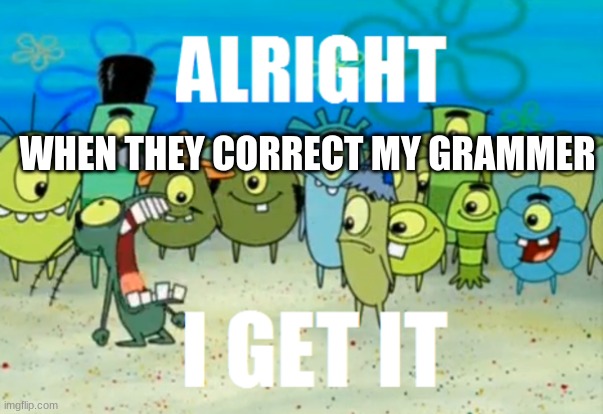 Alright I get It | WHEN THEY CORRECT MY GRAMMER | image tagged in alright i get it | made w/ Imgflip meme maker