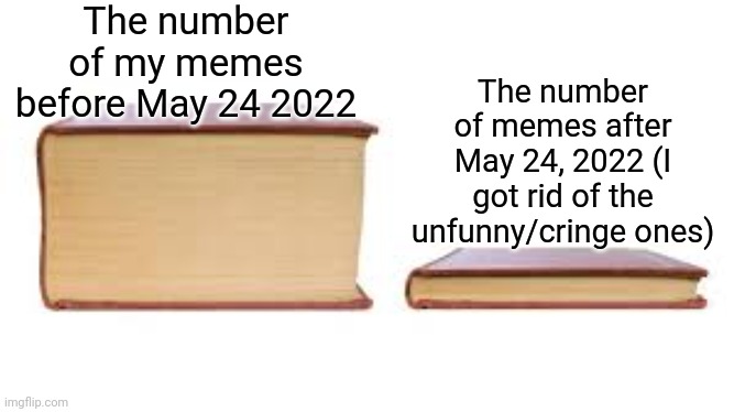 Big book small book |  The number of my memes before May 24 2022; The number of memes after May 24, 2022 (I got rid of the unfunny/cringe ones) | image tagged in big book small book | made w/ Imgflip meme maker