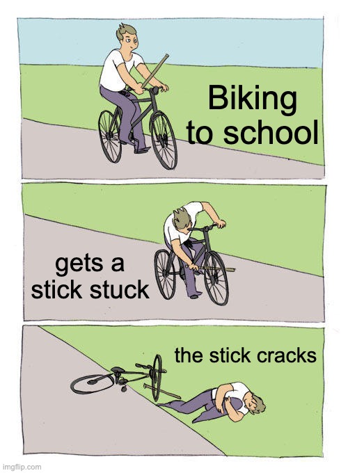 Bike Fall | Biking to school; gets a stick stuck; the stick cracks | image tagged in memes,bike fall | made w/ Imgflip meme maker