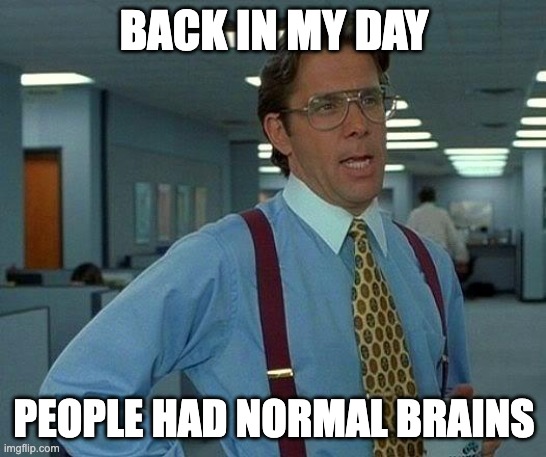 That Would Be Great Meme | BACK IN MY DAY; PEOPLE HAD NORMAL BRAINS | image tagged in memes,that would be great | made w/ Imgflip meme maker