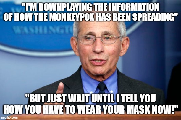 Dr. Fauci | "I'M DOWNPLAYING THE INFORMATION OF HOW THE MONKEYPOX HAS BEEN SPREADING"; "BUT JUST WAIT UNTIL I TELL YOU HOW YOU HAVE TO WEAR YOUR MASK NOW!" | image tagged in dr fauci | made w/ Imgflip meme maker