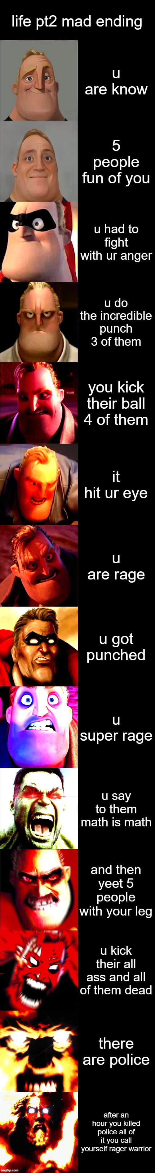 sad story pt2 mad ending | life pt2 mad ending; u are know; 5 people fun of you; u had to fight with ur anger; u do the incredible punch 3 of them; you kick their ball 4 of them; it hit ur eye; u are rage; u got punched; u super rage; u say to them math is math; and then yeet 5 people with your leg; u kick their all ass and all of them dead; there are police; after an hour you killed police all of it you call yourself rager warrior | image tagged in mr incredible becoming angry extended | made w/ Imgflip meme maker