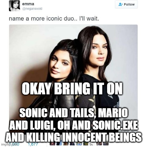 poor emma got destroyed | OKAY BRING IT ON; SONIC AND TAILS, MARIO AND LUIGI, OH AND SONIC.EXE AND KILLING INNOCENT BEINGS | image tagged in name a more iconic duo | made w/ Imgflip meme maker