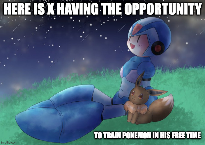 X With Eevee | HERE IS X HAVING THE OPPORTUNITY; TO TRAIN POKEMON IN HIS FREE TIME | image tagged in megaman,megaman x,eevee,pokemon,memes | made w/ Imgflip meme maker