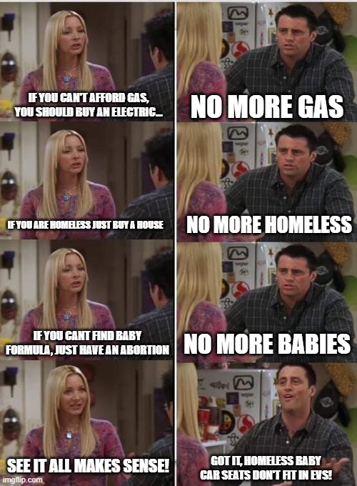 logic | IF YOU CAN'T AFFORD GAS, YOU SHOULD BUY AN ELECTRIC... NO MORE GAS; NO MORE HOMELESS; IF YOU ARE HOMELESS JUST BUY A HOUSE; IF YOU CANT FIND BABY FORMULA, JUST HAVE AN ABORTION; NO MORE BABIES; SEE IT ALL MAKES SENSE! GOT IT, HOMELESS BABY CAR SEATS DON'T FIT IN EVS! | image tagged in phoebe joey | made w/ Imgflip meme maker