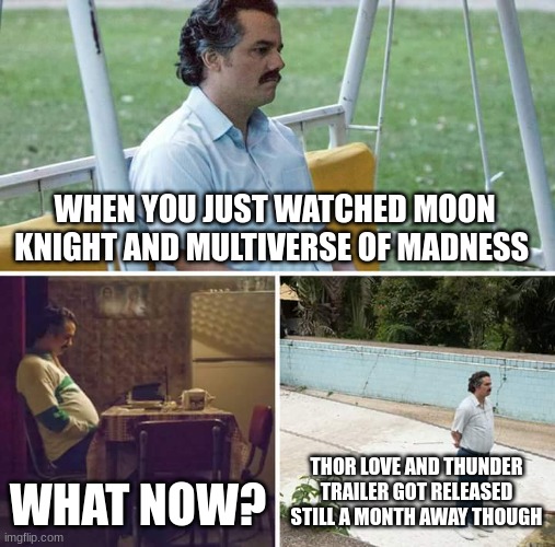 Sad Pablo Escobar Meme | WHEN YOU JUST WATCHED MOON KNIGHT AND MULTIVERSE OF MADNESS; WHAT NOW? THOR LOVE AND THUNDER TRAILER GOT RELEASED STILL A MONTH AWAY THOUGH | image tagged in memes,sad pablo escobar,marvel | made w/ Imgflip meme maker