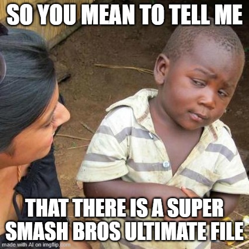 Yes. | SO YOU MEAN TO TELL ME; THAT THERE IS A SUPER SMASH BROS ULTIMATE FILE | image tagged in memes,third world skeptical kid,ai meme,super smash bros,smash bros,lol | made w/ Imgflip meme maker