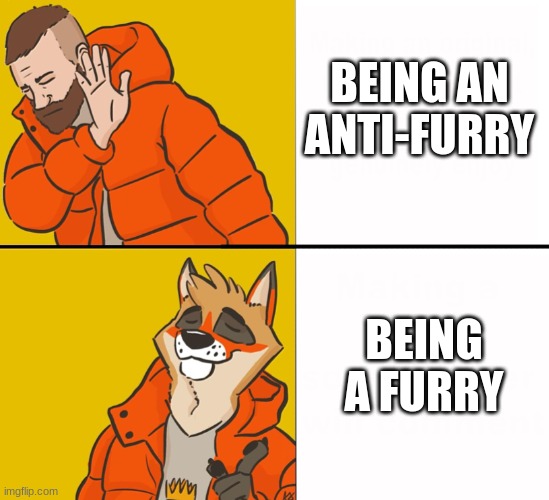 E | BEING AN ANTI-FURRY; BEING A FURRY | image tagged in furry drake | made w/ Imgflip meme maker