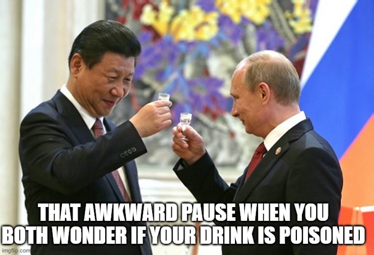 Birds of a feather | THAT AWKWARD PAUSE WHEN YOU BOTH WONDER IF YOUR DRINK IS POISONED | image tagged in putin | made w/ Imgflip meme maker