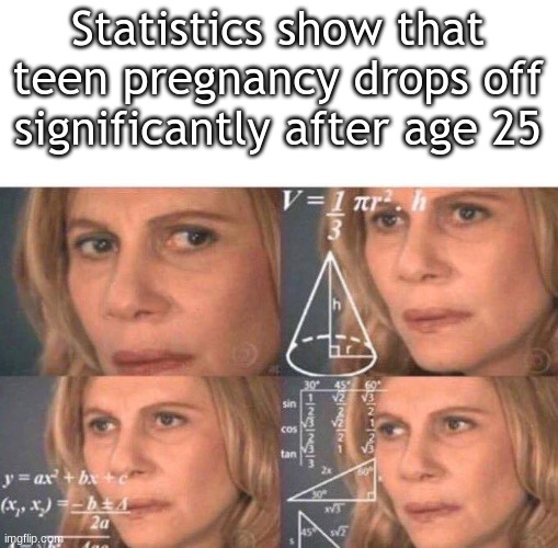 Not sure if I'm in the wrong here, But correct me if you want |  Statistics show that teen pregnancy drops off significantly after age 25 | image tagged in math lady/confused lady | made w/ Imgflip meme maker