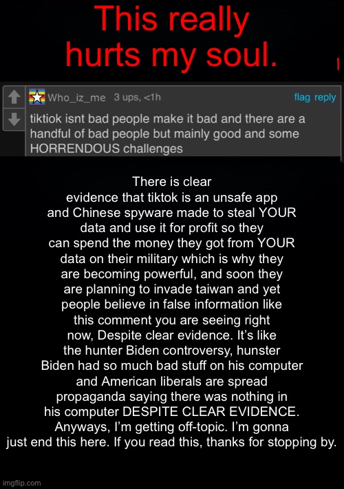 This really hurts my soul. There is clear evidence that tiktok is an unsafe app and Chinese spyware made to steal YOUR data and use it for profit so they can spend the money they got from YOUR data on their military which is why they are becoming powerful, and soon they are planning to invade taiwan and yet people believe in false information like this comment you are seeing right now, Despite clear evidence. It’s like the hunter Biden controversy, hunster Biden had so much bad stuff on his computer and American liberals are spread propaganda saying there was nothing in his computer DESPITE CLEAR EVIDENCE. Anyways, I’m getting off-topic. I’m gonna just end this here. If you read this, thanks for stopping by. | image tagged in memes | made w/ Imgflip meme maker