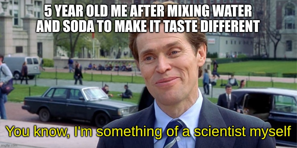 I actually did this and my brother will no longer drink from my cup | 5 YEAR OLD ME AFTER MIXING WATER AND SODA TO MAKE IT TASTE DIFFERENT; You know, I'm something of a scientist myself | image tagged in you know i'm something of a scientist myself | made w/ Imgflip meme maker