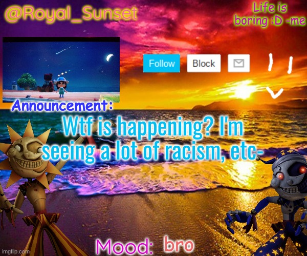 What the hell is happening now -_- E X P L A I N | Wtf is happening? I'm seeing a lot of racism, etc-; bro | image tagged in royal_sunset's announcement temp sunrise_royal | made w/ Imgflip meme maker