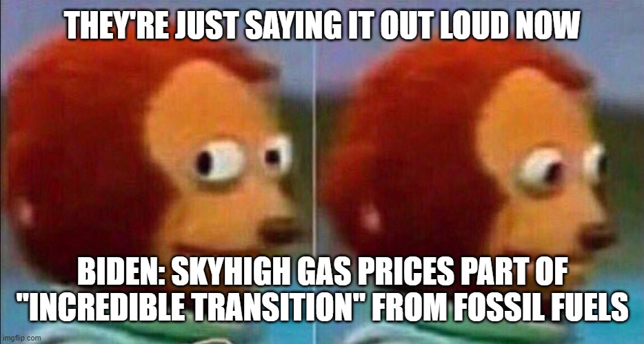 Omg | THEY'RE JUST SAYING IT OUT LOUD NOW; BIDEN: SKYHIGH GAS PRICES PART OF "INCREDIBLE TRANSITION" FROM FOSSIL FUELS | image tagged in monkey looking away | made w/ Imgflip meme maker