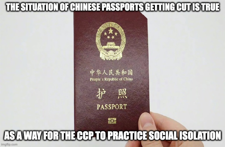 Cut Passport | THE SITUATION OF CHINESE PASSPORTS GETTING CUT IS TRUE; AS A WAY FOR THE CCP TO PRACTICE SOCIAL ISOLATION | image tagged in china,passport,memes,politics | made w/ Imgflip meme maker