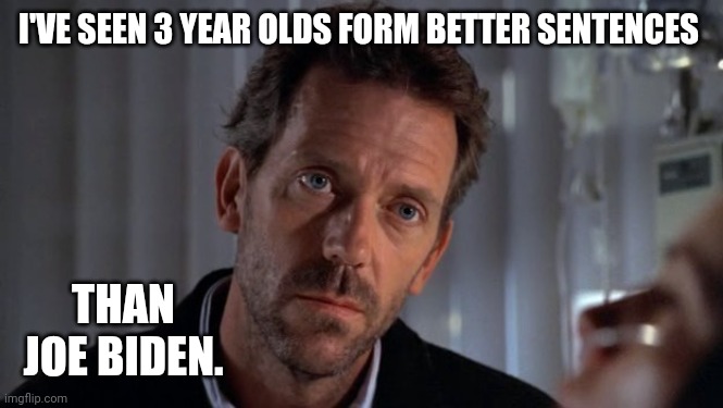 Much better. | I'VE SEEN 3 YEAR OLDS FORM BETTER SENTENCES; THAN JOE BIDEN. | image tagged in sarcastic house | made w/ Imgflip meme maker