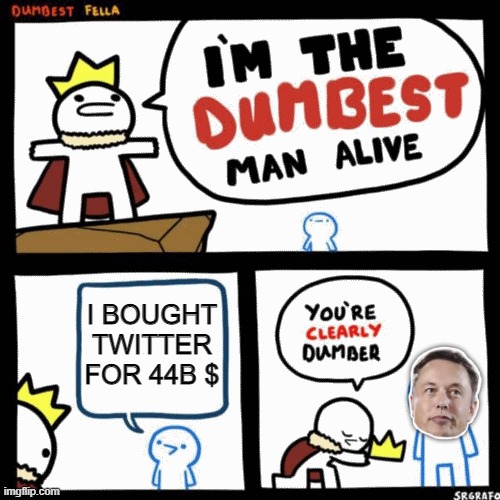 I'm the dumbest man alive | I BOUGHT TWITTER FOR 44B $ | image tagged in i'm the dumbest man alive,elon musk,twitter,funny | made w/ Imgflip meme maker