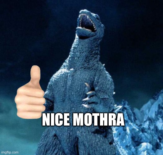 Laughing Godzilla | NICE MOTHRA | image tagged in laughing godzilla | made w/ Imgflip meme maker