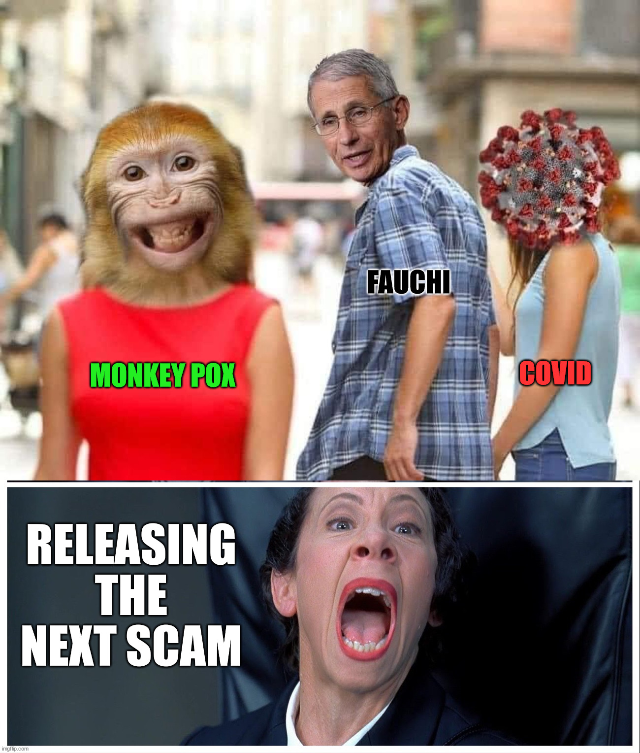 The new way to scare people. | FAUCHI; COVID; MONKEY POX; RELEASING THE NEXT SCAM | image tagged in dr evil and frau yelling,political meme | made w/ Imgflip meme maker