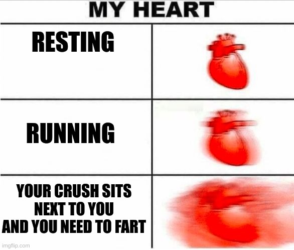 true | RESTING; RUNNING; YOUR CRUSH SITS NEXT TO YOU AND YOU NEED TO FART | image tagged in heartbeat | made w/ Imgflip meme maker