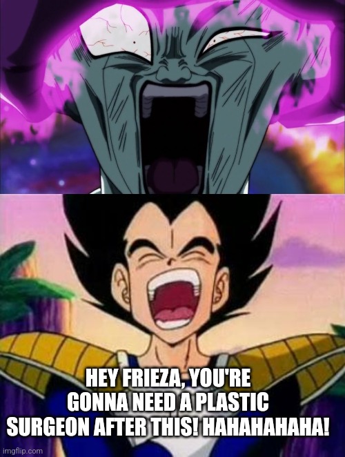  HEY FRIEZA, YOU'RE GONNA NEED A PLASTIC SURGEON AFTER THIS! HAHAHAHAHA! | image tagged in vegeta lol | made w/ Imgflip meme maker