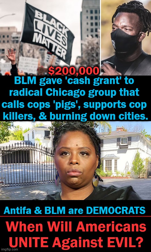 Way too obvious who supports GOOD and who supports EVIL. Don't allow Democrats to destroy America. |  $200,000; BLM gave 'cash grant' to 
radical Chicago group that 
calls cops 'pigs', supports cop 
killers, & burning down cities. Antifa & BLM are DEMOCRATS; When Will Americans
UNITE Against EVIL? | image tagged in politics,blm,antifa,democrats,antiamericans,evil | made w/ Imgflip meme maker