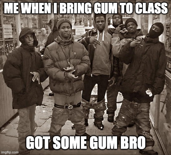 yo gum | ME WHEN I BRING GUM TO CLASS; GOT SOME GUM BRO | image tagged in all my homies hate | made w/ Imgflip meme maker