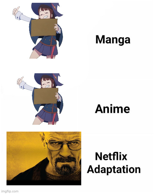 Manga, Anime, Netflix adaption | image tagged in manga anime netflix adaption | made w/ Imgflip meme maker