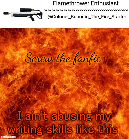 Flamethrower Enthusiast | Screw the fanfic; I ain't abusing my writing skills like this | image tagged in flamethrower enthusiast | made w/ Imgflip meme maker