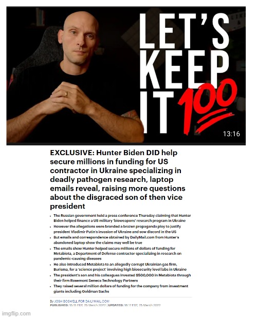 image tagged in let's keep it 100,hunter biden,biolab,biolabs | made w/ Imgflip meme maker