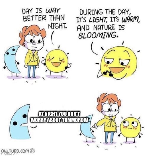 True dat | AT NIGHT YOU DON'T WORRY ABOUT TOMMOROW | image tagged in the day is better than night | made w/ Imgflip meme maker