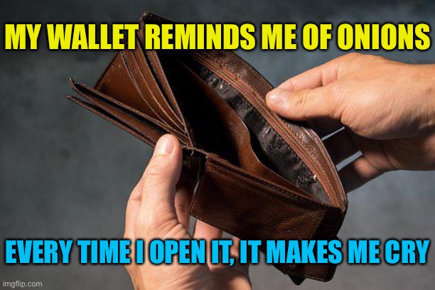 My wallet | MY WALLET REMINDS ME OF ONIONS; EVERY TIME I OPEN IT, IT MAKES ME CRY | image tagged in reminds me of onions,it makes me cry,no money,bills are rising fast,increasingly difficult | made w/ Imgflip meme maker