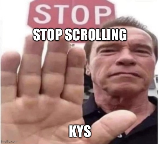 Stop scrolling Arnold | STOP SCROLLING; KYS | image tagged in stop scrolling arnold | made w/ Imgflip meme maker