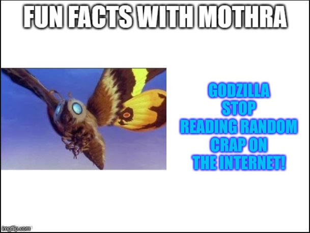 Fun Facts with Mothra | GODZILLA STOP READING RANDOM CRAP ON THE INTERNET! | image tagged in fun facts with mothra | made w/ Imgflip meme maker