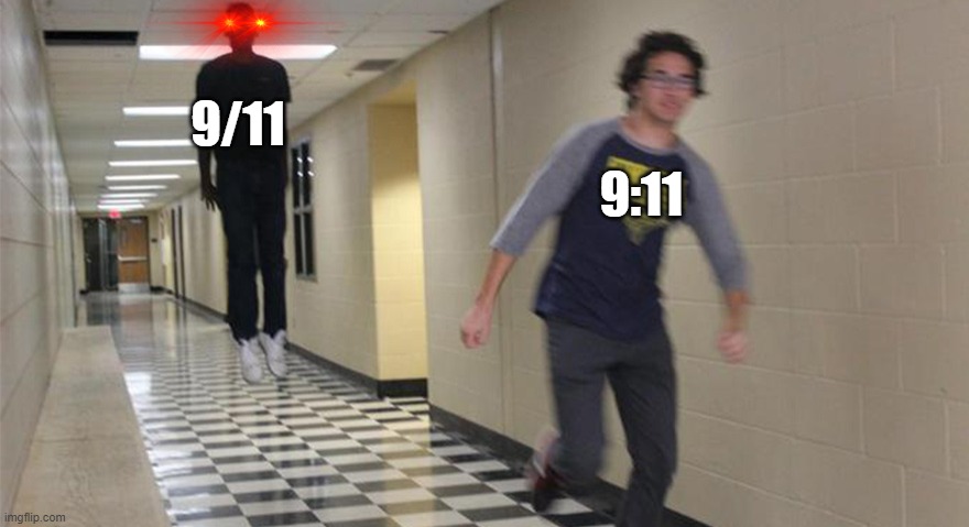 running guy floating | 9/11; 9:11 | image tagged in running guy floating | made w/ Imgflip meme maker