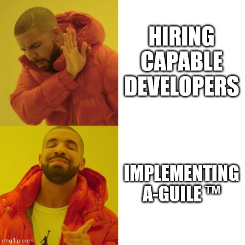 Anyone can be a developer! | HIRING CAPABLE DEVELOPERS; IMPLEMENTING A-GUILE ™ | image tagged in drake blank | made w/ Imgflip meme maker